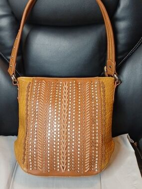 Montana West Studded Woven-Pattern Shoulder Bag - Tan